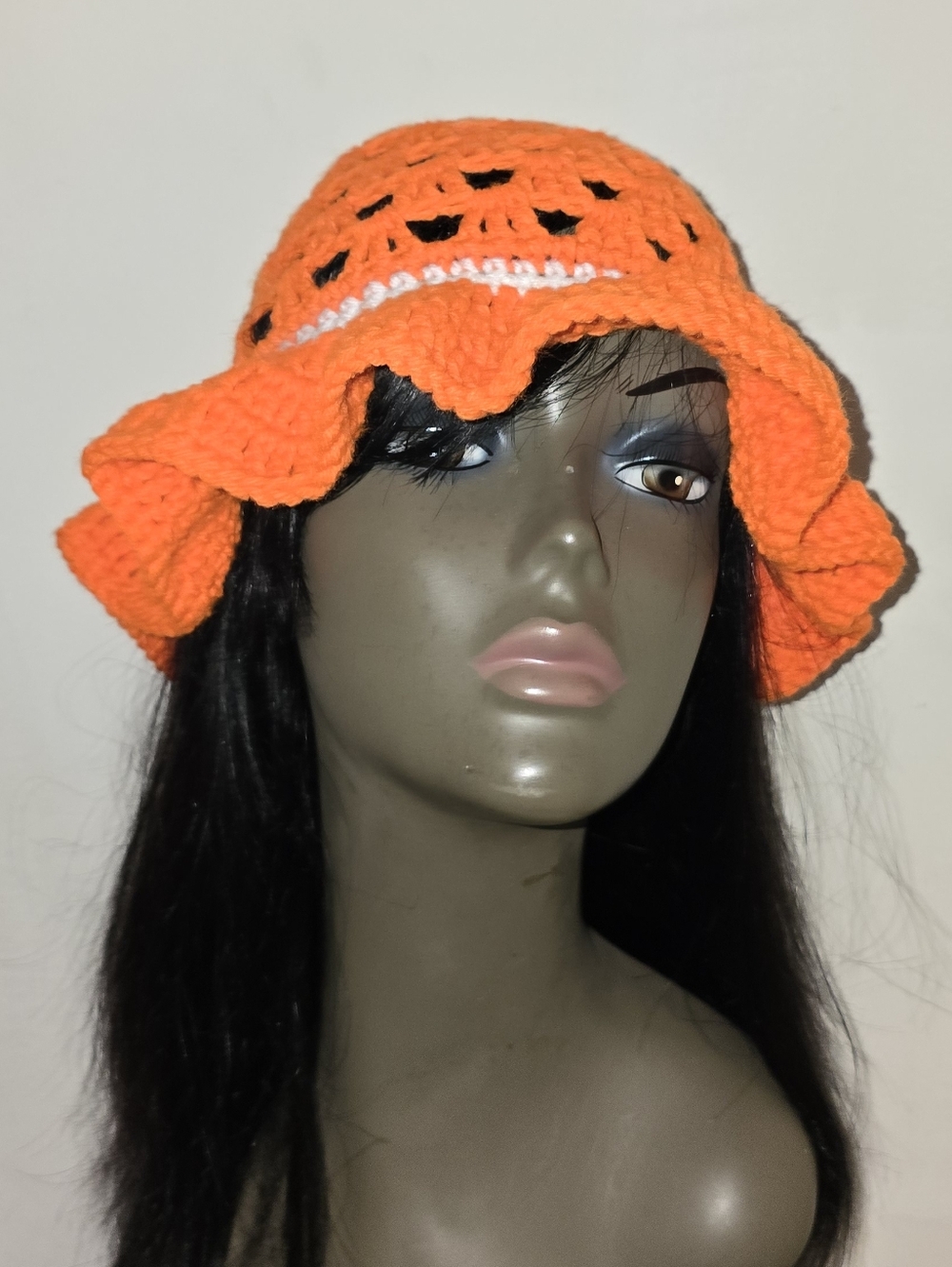 Vibrant Orange And White Crochet Bucket Hat.